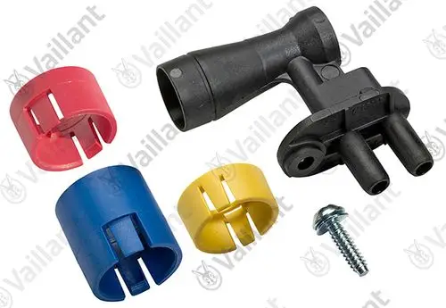 Vaillant Pitotrohr mit farbigen Blenden in Rot, Blau, Gelb und einer Schraube, geeignet für verschiedene Heizungsanwendungen.